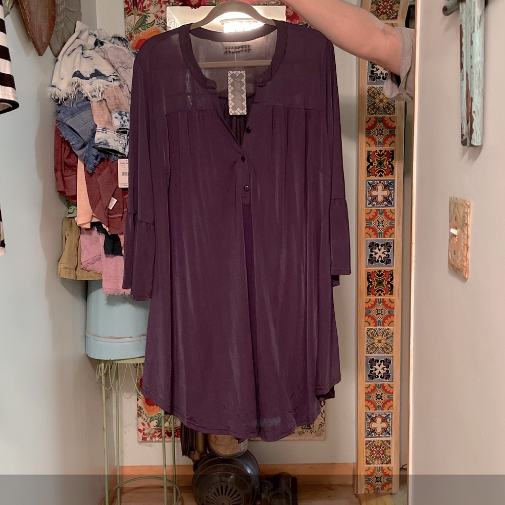 Ice Silk Navy Dress/Long Tunic with 3/4 Ruffle Sleeves Size 2x - NWT